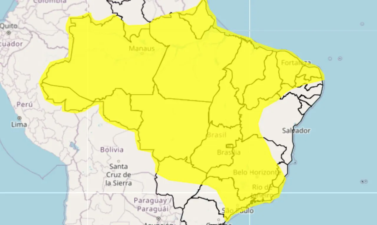 o mapa mostra &agrave;s &aacute;reas em alerta amarelo para chuva intensa e ventos fortes